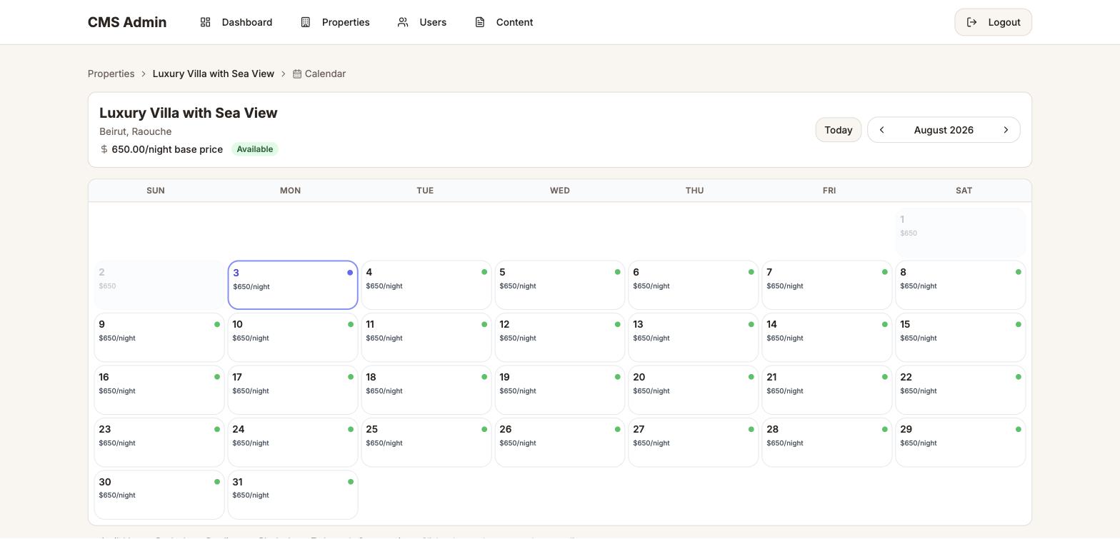Monthly availability calendar for a single property, with each date showing its nightly rate and availability marker.