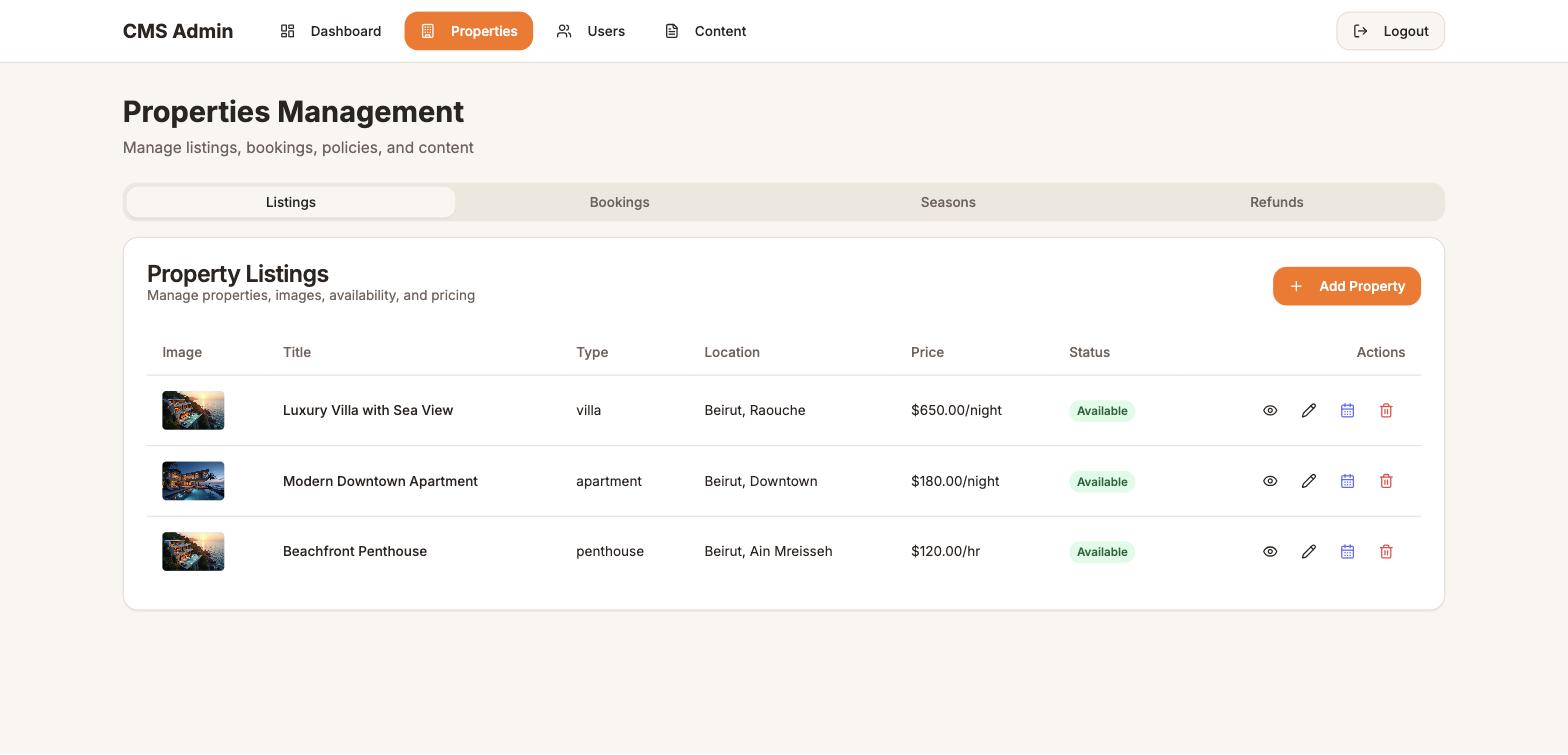 Portfolio listings screen from a live direct-booking site.