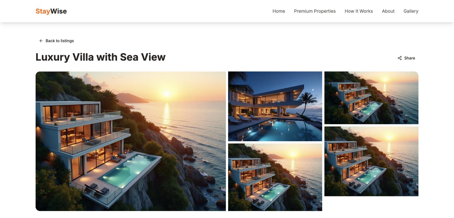 Branded property page for a sea-view villa, led by a large photo gallery with the property title and share action.